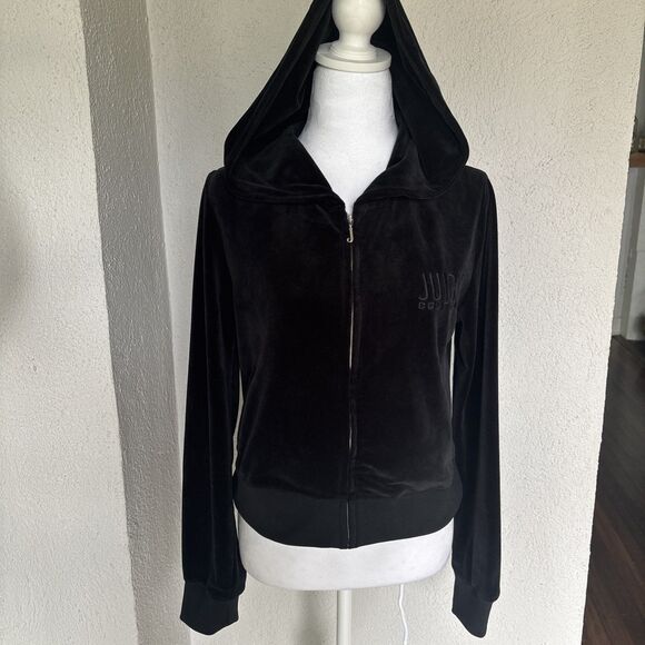 Juicy Couture Black Velour Cropped Tracksuit Jacket  Zip Up Hoodie Size Medium - Picture 1 of 8